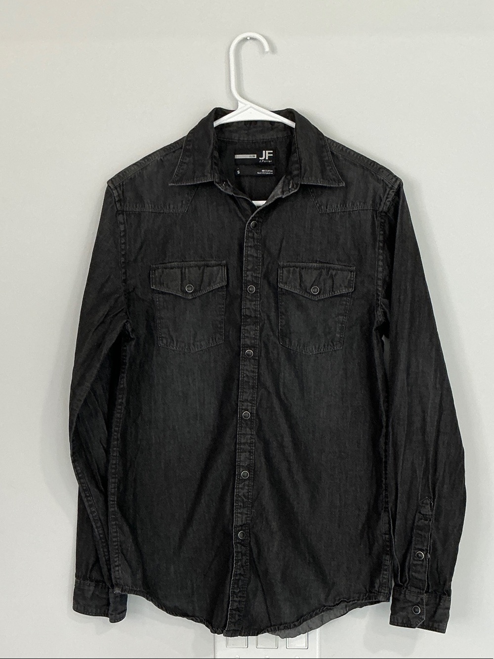 JF J.Ferrar Men's Black Button-Down Casual Denim Shirt